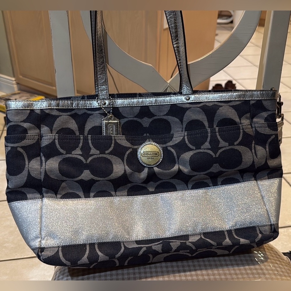 Coach Denim & Silver Signature Diaper/Weekender Bag F17443 Large Handbag Tote